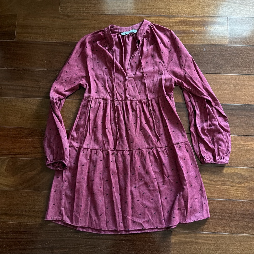 Zara Burgundy Red Polka Dot Long Sleeve Mini Dress size XS